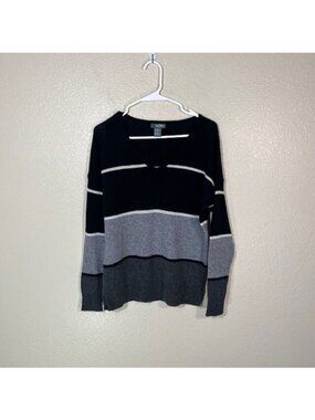 Griffen Cashmere Wool Blend Sweater Womens Medium Gray Black Stripe V Neck